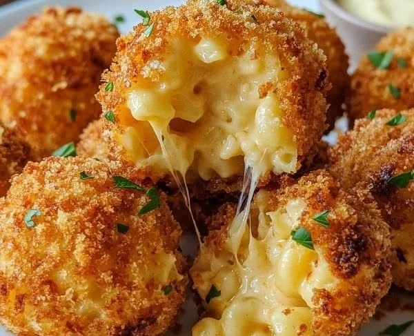 Crispy air fryer fried macaroni and cheese balls served as a tasty snack.