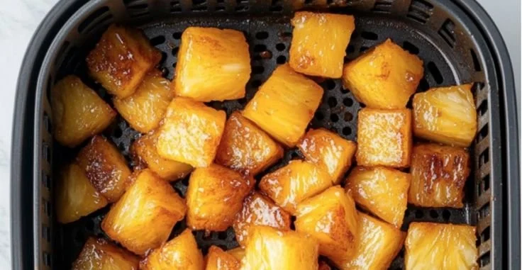 Air fryer pineapple chunks ready to serve, golden and caramelized
