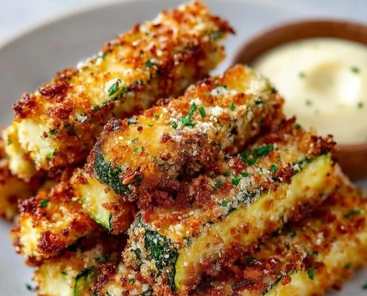 Crispy air fryer zucchini fries served with dipping sauce