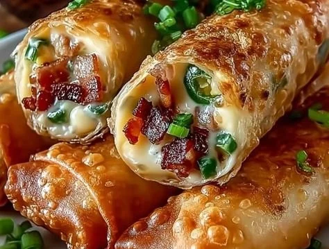 Bacon Jalapeño Popper Eggrolls served on a plate with dipping sauce
