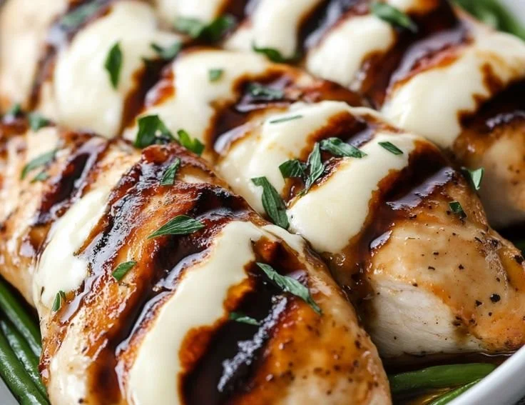 Balsamic baked chicken breast topped with mozzarella cheese on a plate