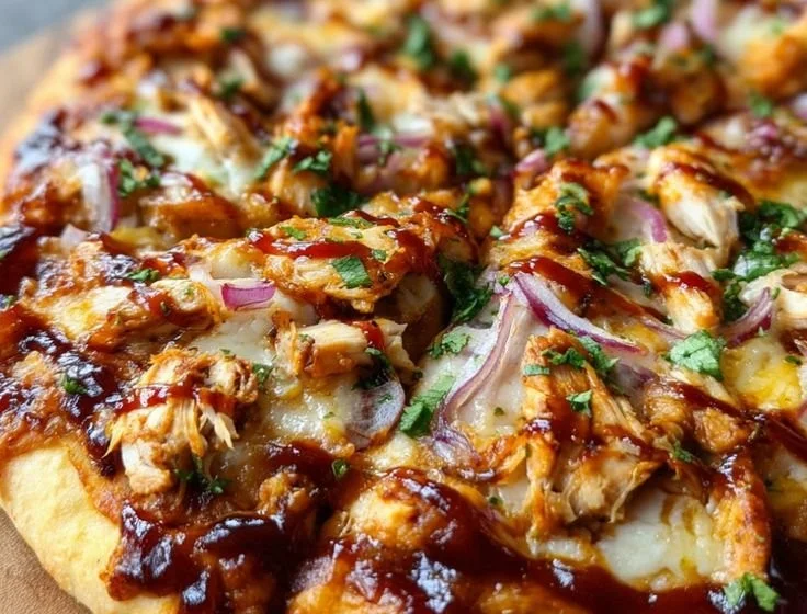 Delicious BBQ Chicken Pizza topped with grilled chicken and cheese