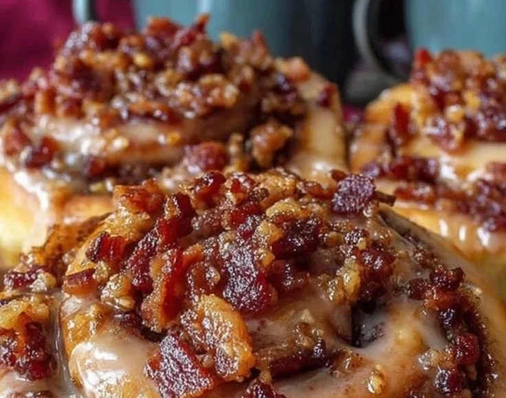 Decadent Bourbon Maple Bacon Cinnamon Rolls topped with maple glaze