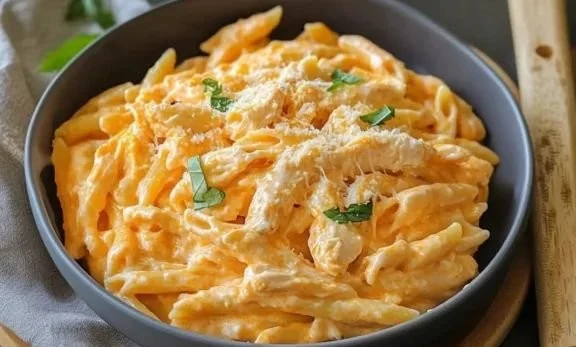 Delicious Buffalo Chicken Alfredo Pasta served with a garnish of parsley.