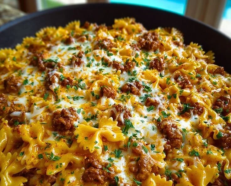Plate of Cajun Cream Cheese Alfredo Bowties with spiced ground beef