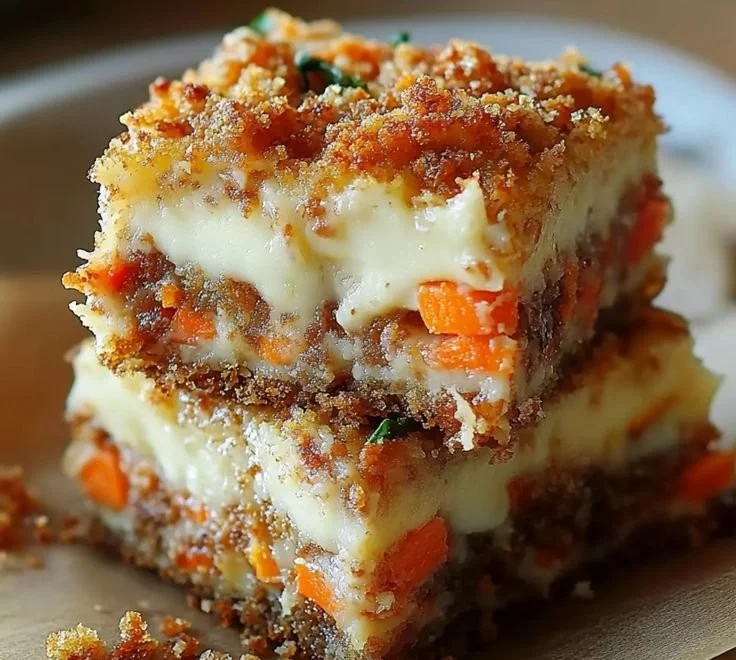 Delicious Carrot Cake Cream Cheese Bars topped with creamy frosting