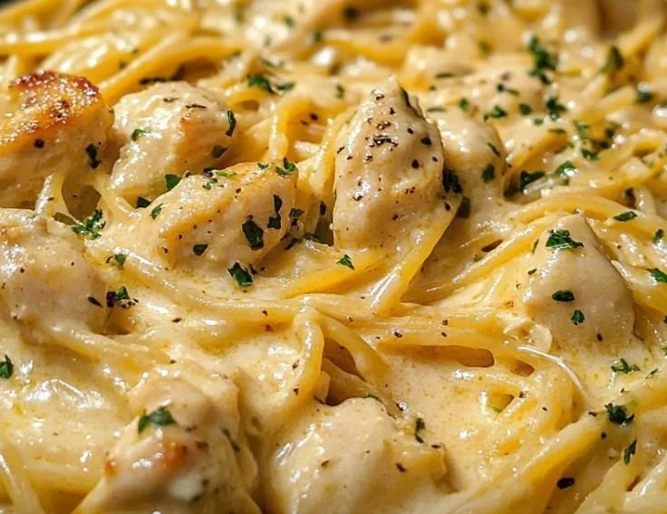 Creamy Garlic Parmesan Chicken Spaghetti served in a bowl