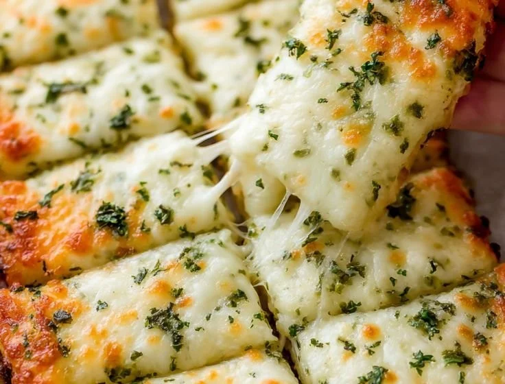 Cheesy zucchini breadsticks fresh out of the oven, garnished with herbs