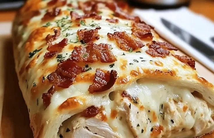 Delicious Chicken Bacon Ranch Stromboli, a comforting dish for dinner.