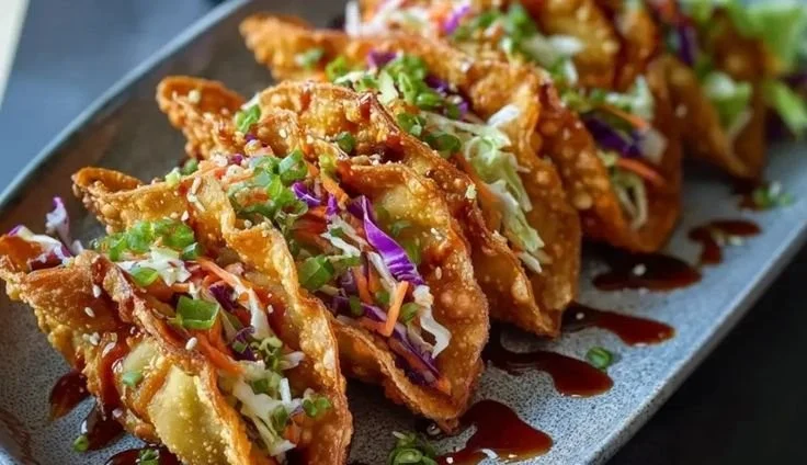 Crispy chicken wonton tacos topped with fresh vegetables and sauce
