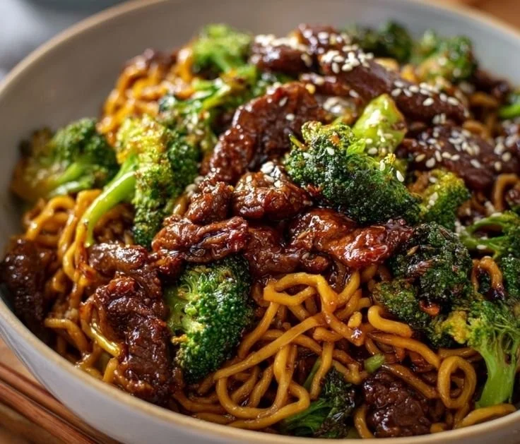 Delicious Chinese Crispy Beef with Broccoli Noodles on a plate