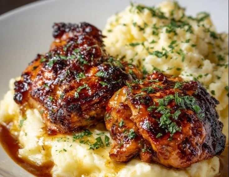 Delicious Chipotle Honey Chicken thighs served with smoked Gouda mashed potatoes