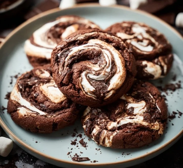 Freshly baked Chocolate Marshmallow Swirl Cookies on a plate