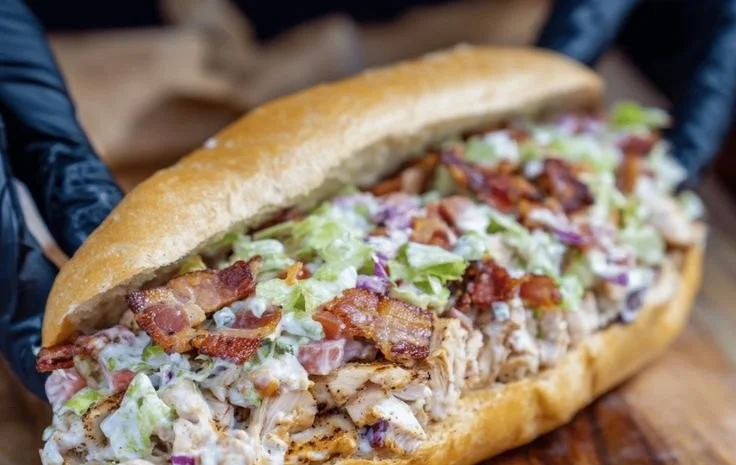 Chopped Chicken Bacon Ranch Sandwich with crispy bacon and ranch dressing