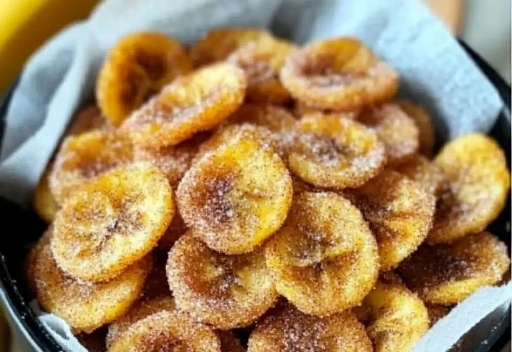 Cinnamon-sugar air fryer banana chips in a bowl