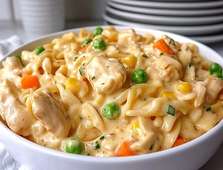 Classic Chicken Pot Pie Pasta served in a bowl with fresh herbs