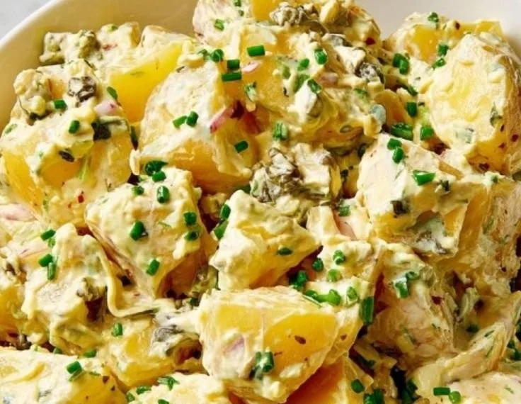 Delicious classic creamy potato salad served in a bowl