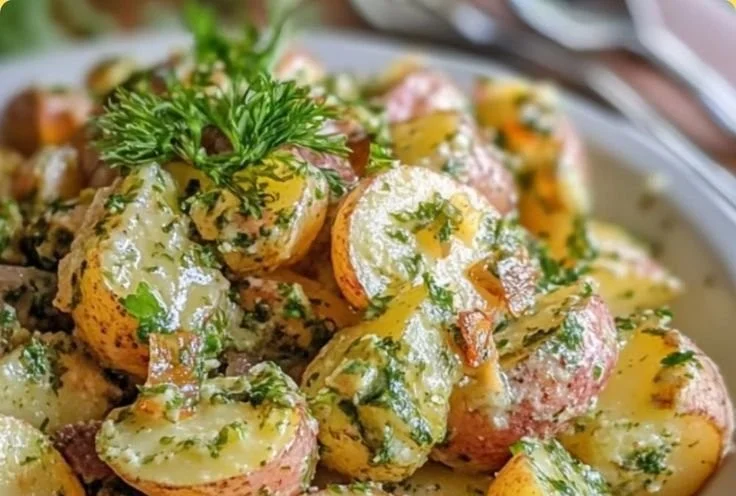 Bowl of Classic French-Style Potato Salad with herbs and dressing