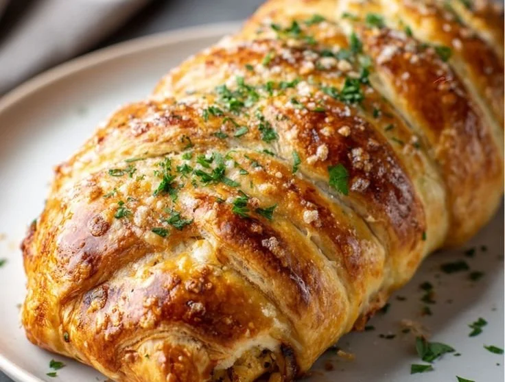 Homemade copycat Costco Chicken Bake with cheese and chicken filling