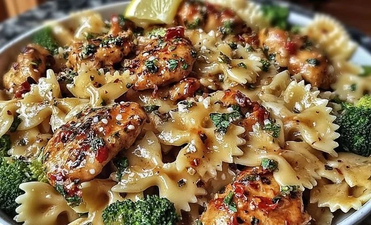 Cowboy Butter Lemon Bowtie Chicken with Broccoli dish on a plate