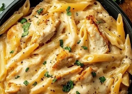 Delicious Crac Chicken Penne served in a creamy sauce with fresh herbs.