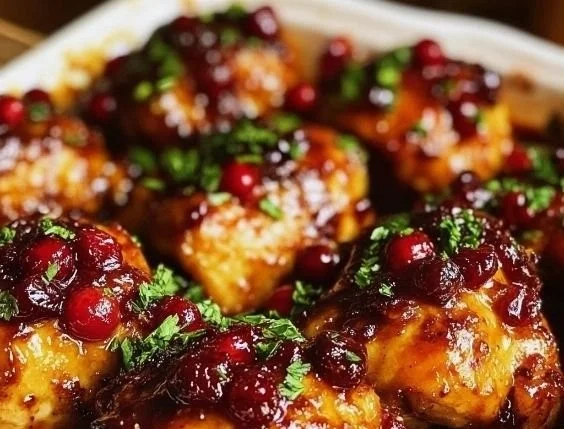 Cranberry Orange Glazed Chicken served on a plate with fresh herbs