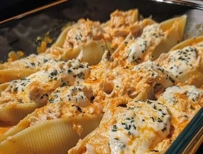 Creamy Buffalo Chicken Stuffed Shells on a plate ready to serve