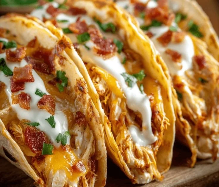 Creamy cheddar ranch chicken tacos with fresh toppings and tortillas