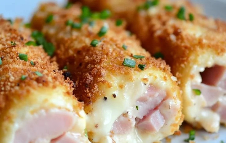 Creamy Chicken Cordon Bleu rolls with ham and cheese in a crispy crust