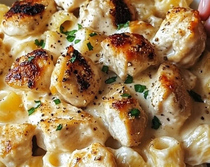 Creamy Garlic Chicken with Parmesan Pasta in a serving bowl