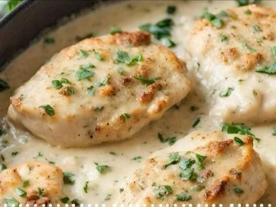 Creamy garlic parmesan chicken garnished with herbs and served on a plate