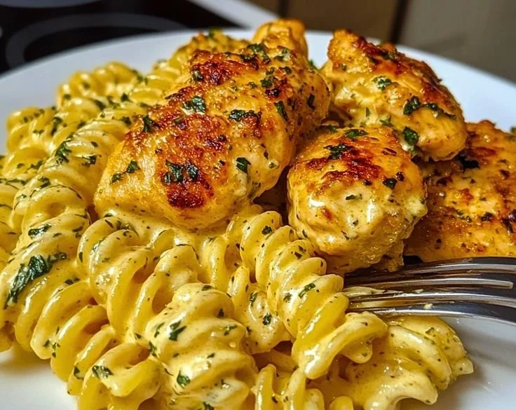 Creamy garlic parmesan chicken pasta served in a bowl with herbs and cheese