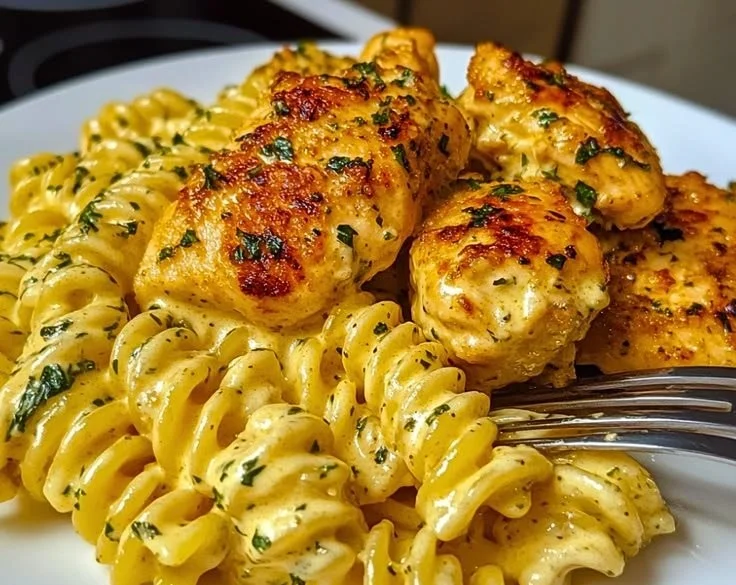 Creamy garlic Parmesan chicken pasta dish garnished with herbs