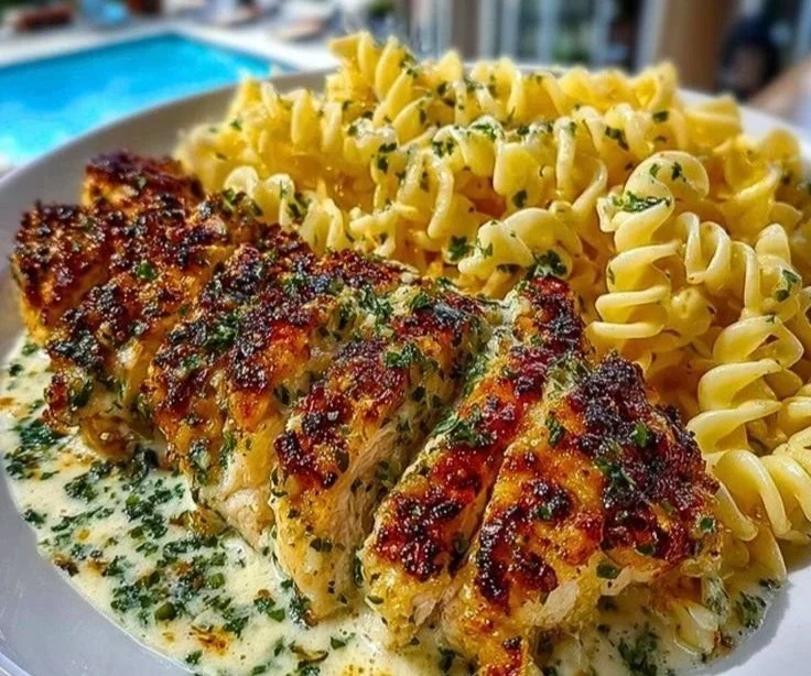 Creamy garlic parmesan chicken served with cheesy twisted pasta