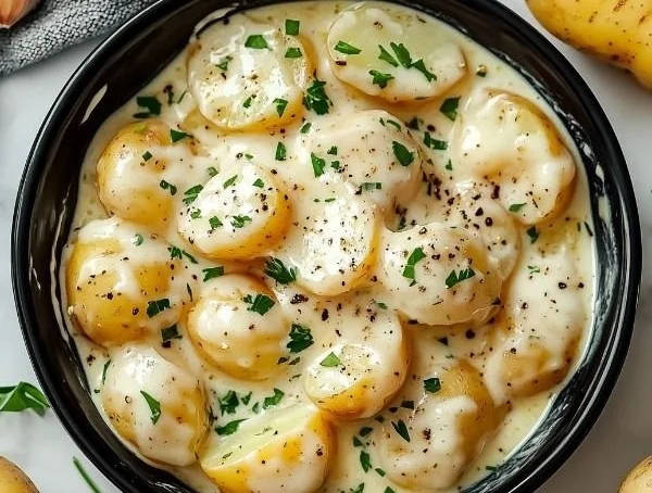 Creamy garlic sauce baby potatoes served in a bowl