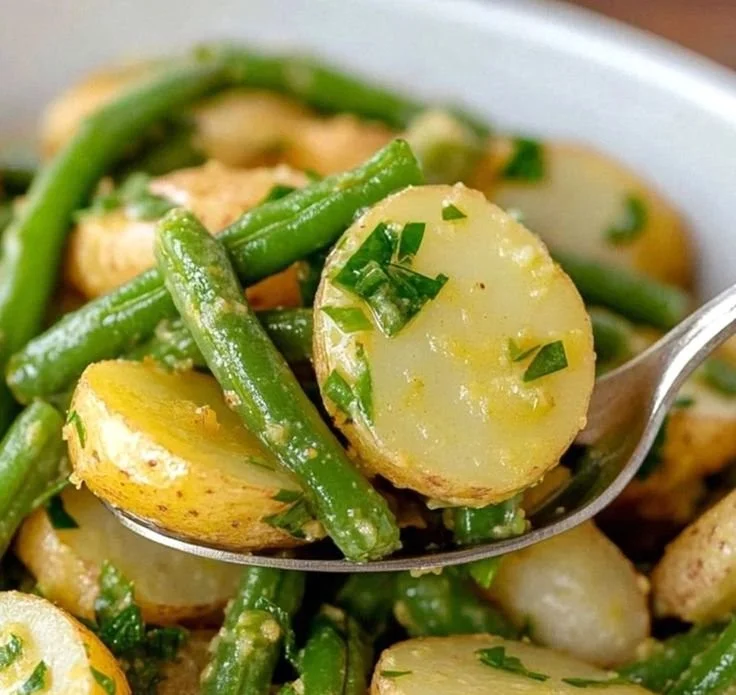 Creamy green bean potato salad served in a bowl with garnish