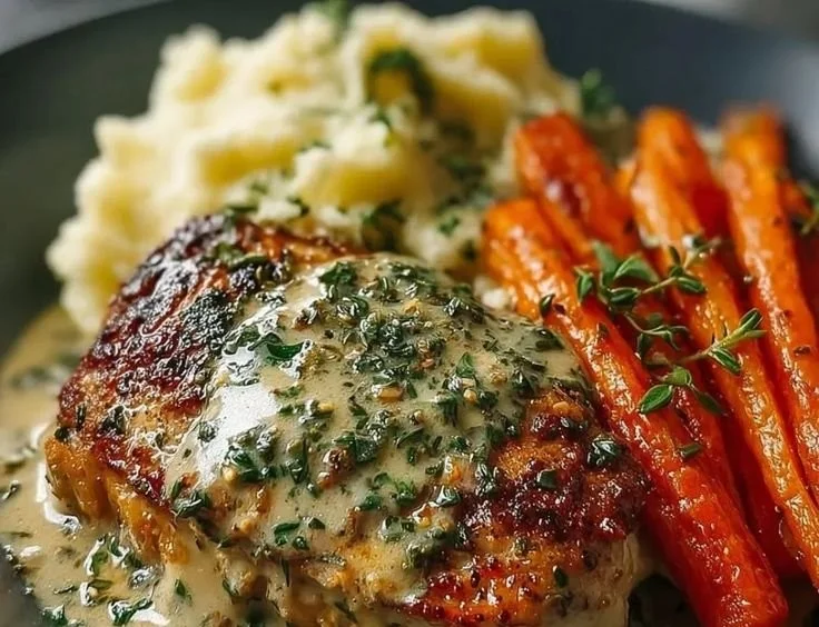 Creamy herb chicken dish with mashed potatoes and honey glazed carrots