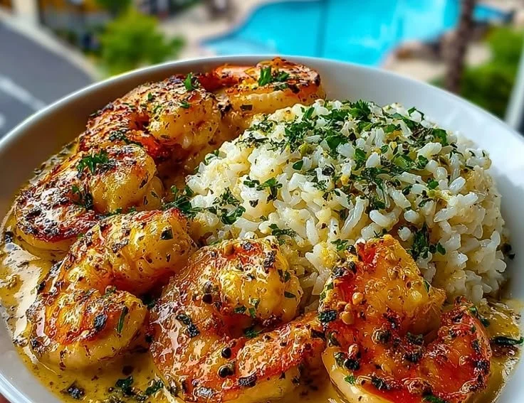 Creamy herb rice topped with garlic butter shrimp in a delicious bowl.