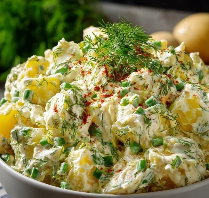 Creamy Southern Style Potato Salad served in a bowl with herbs and seasonings.