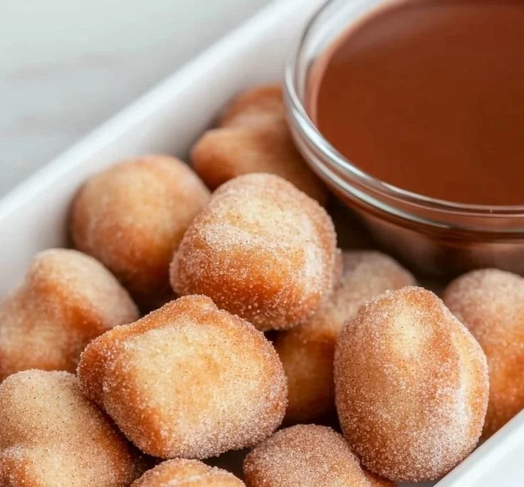 Crispy air fryer churro bites served with chocolate dipping sauce