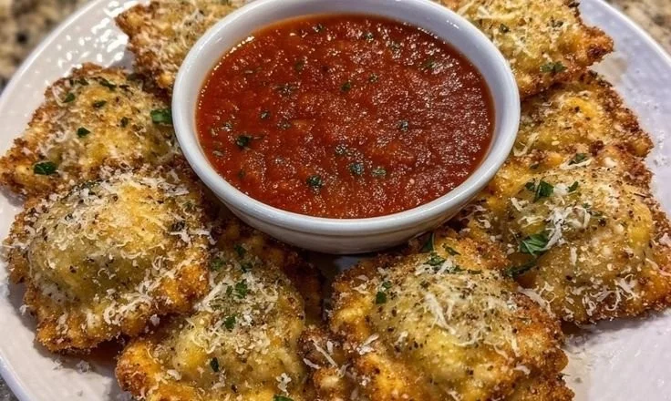 Crispy air fryer ravioli served with dipping sauce