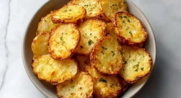 Crispy air fryer sliced potatoes served on a plate