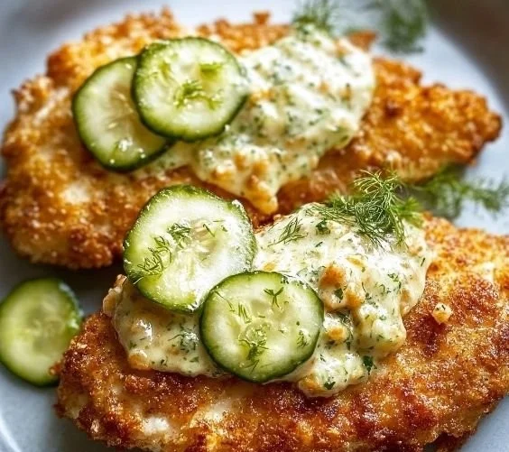Crispy Dill Pickle Parmesan Chicken served on a plate garnished with herbs.