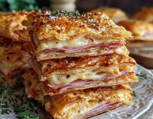 Crispy ham and cheese puff pastry stacks on a plate.