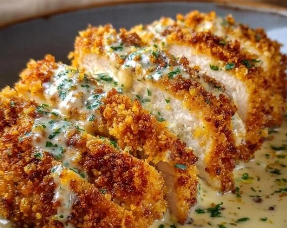 Crispy Parmesan Chicken served with creamy garlic sauce on a plate