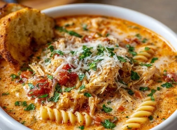 Bowl of Crock Pot Creamy Chicken Parmesan Soup garnished with herbs