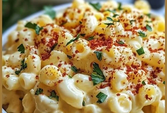 Bowl of deviled egg macaroni salad with herbs and seasoning
