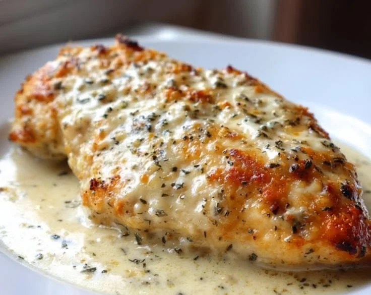 Baked Garlic Parmesan Chicken with herbs and spices on a plate.