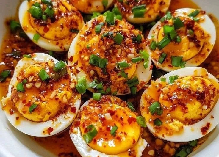A bowl of savory egg curry with spices and hard-boiled eggs served with rice.