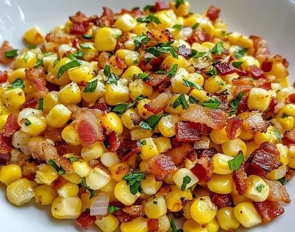 Delicious fried corn with bacon in a skillet garnished with herbs.